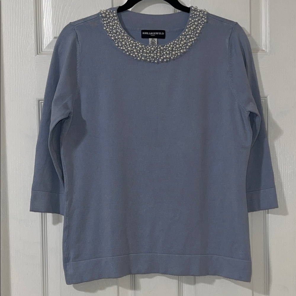 Karl Lagerfeld Light Blue/Gray Blouse with Pearl Details
